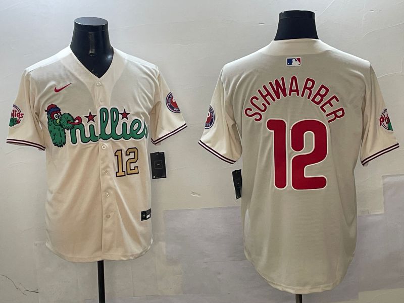 Men Philadelphia Phillies 12 Schwarber Cream Three generations Joint Name Game 2025 Nike MLB Jersey style 3